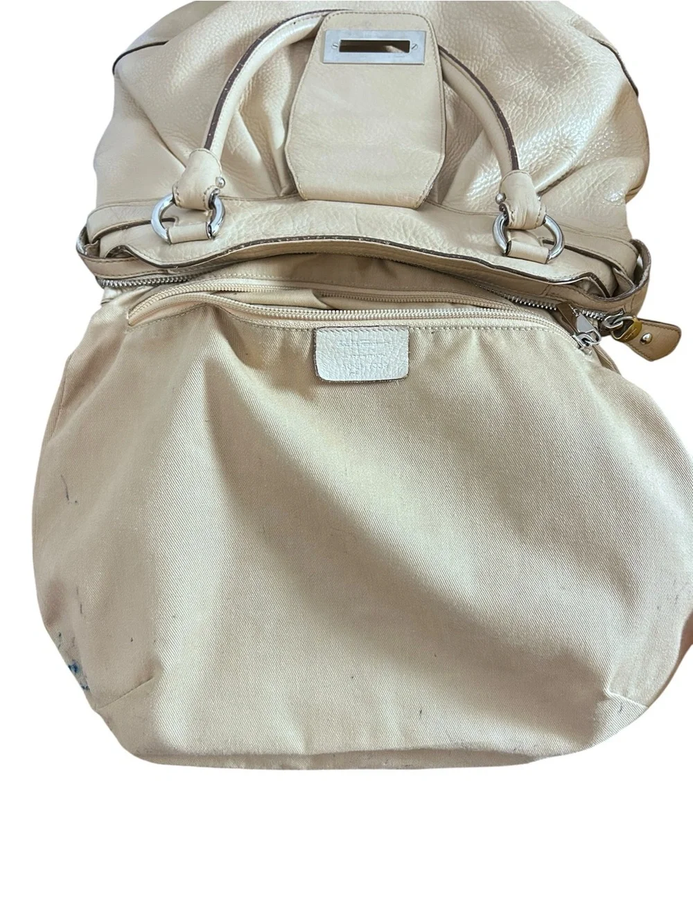 Salvatore Ferragamo Gancini Pebbled Leather Satchel Bag Manila Beige Yellow Ital